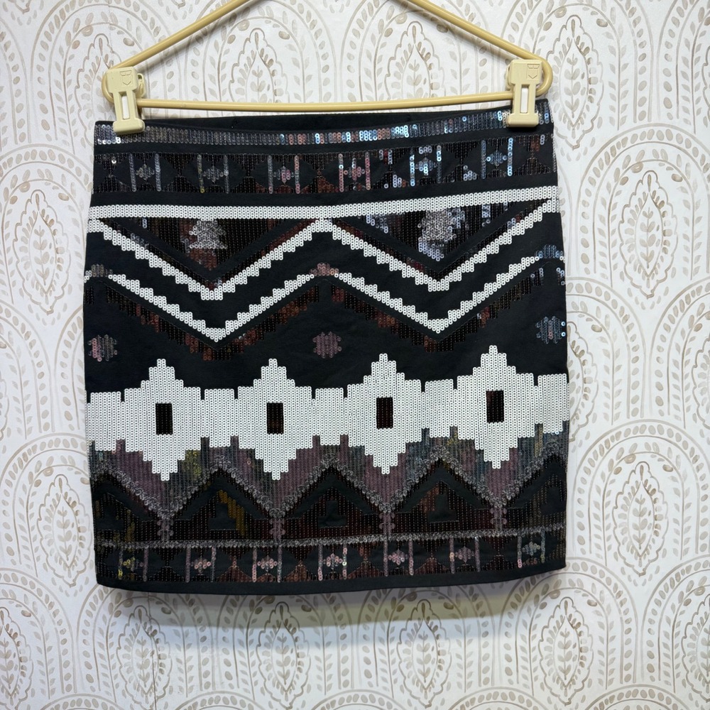Express Sequin Tribal Mini Skirt Women Large Black Geometric Aztec Party Stretch